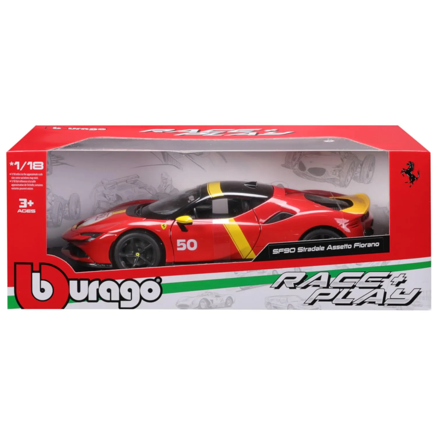 BBURAGO Ferrari SF90 STRADALE ASSETTO FIORANO Livrea Le Mans Scala 1:18, Replica Diecast con Aperture Cofano e Bagagliaio, Ruote Ammortizzate, Licenza Ferrari, Età 3+ - immagine 9