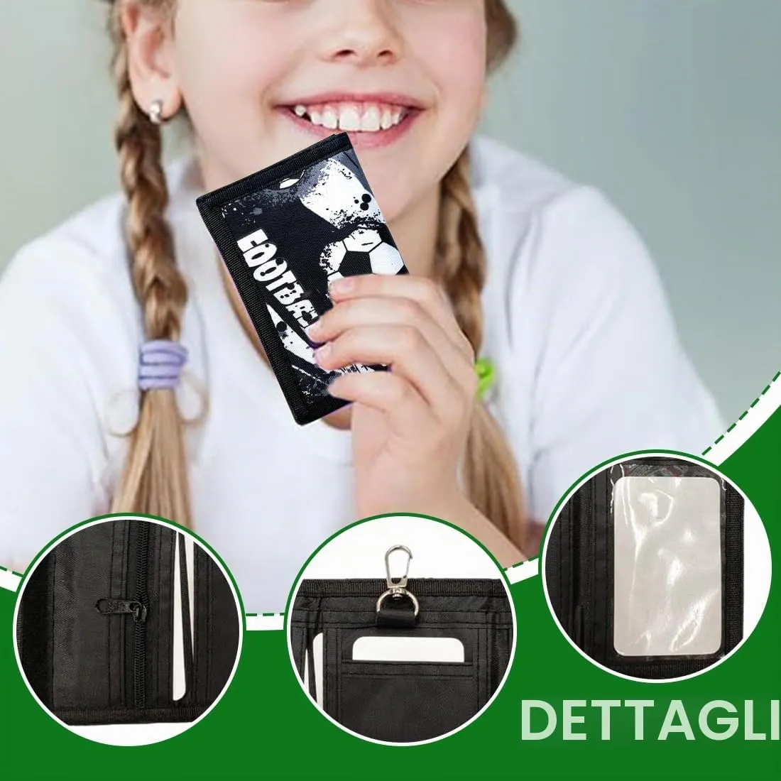 SIRLOMU 1 Pezzi Portafoglio triplo pieghevole per Bambini e Ragazzi, Portafoglio con design di calcio, materiale robusto, facile da trasportare, per ragazzi e ragazze - immagine 3