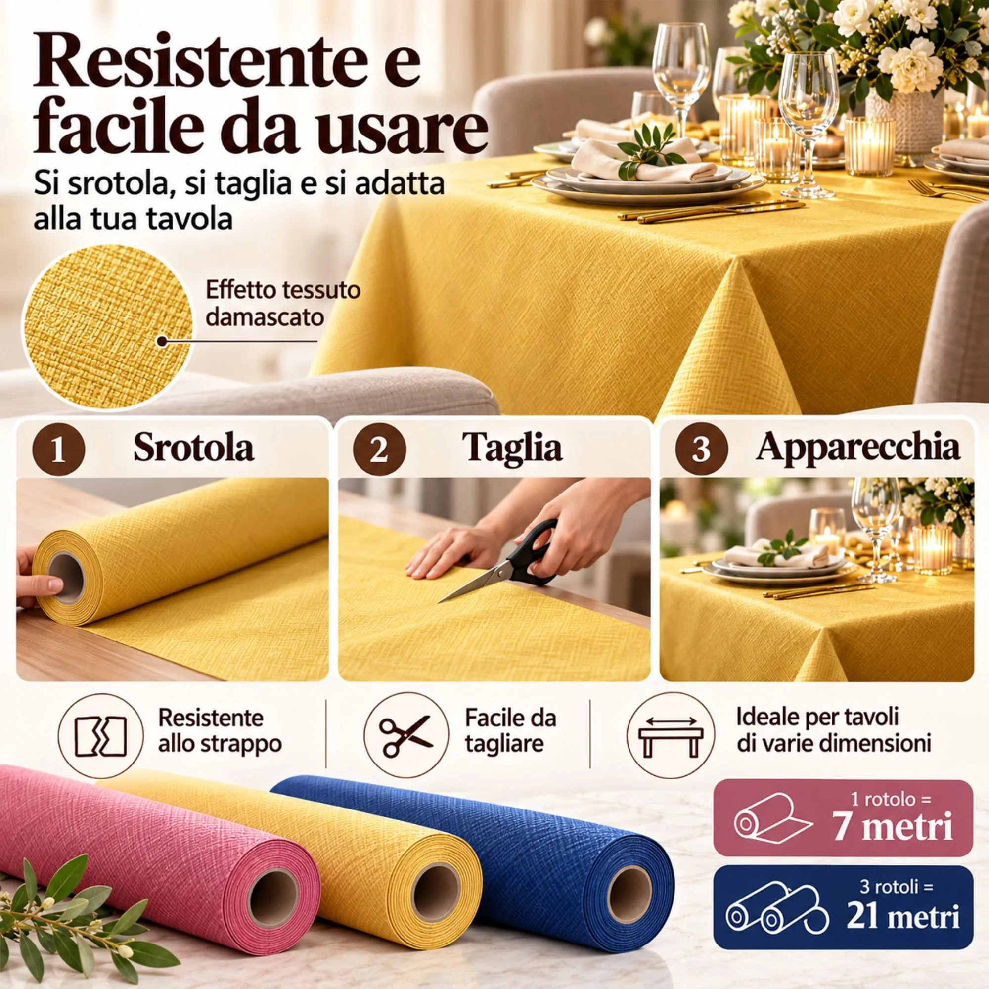 Tovaglia di Carta Rotolo Impermeabile in Tessuto Damascato, Resistente allo Strappo, Usa e Getta Monouso, Previene le Macchie (Generico, Bianco, 7 metri (1 rotolo)) - immagine 4