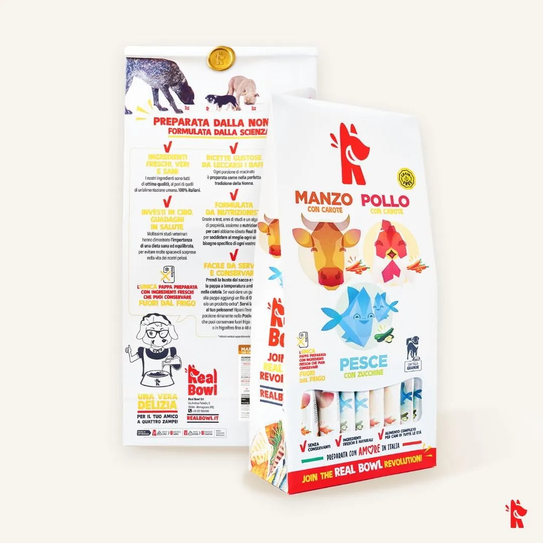 Cibo per cani al manzo, pollo e pesce naturale,7 buste x 700g, monoproteico e senza cereali e conservanti, pappa fresca casalinga, Made in Italy, adatto a tutte le razze e taglie - immagine 7