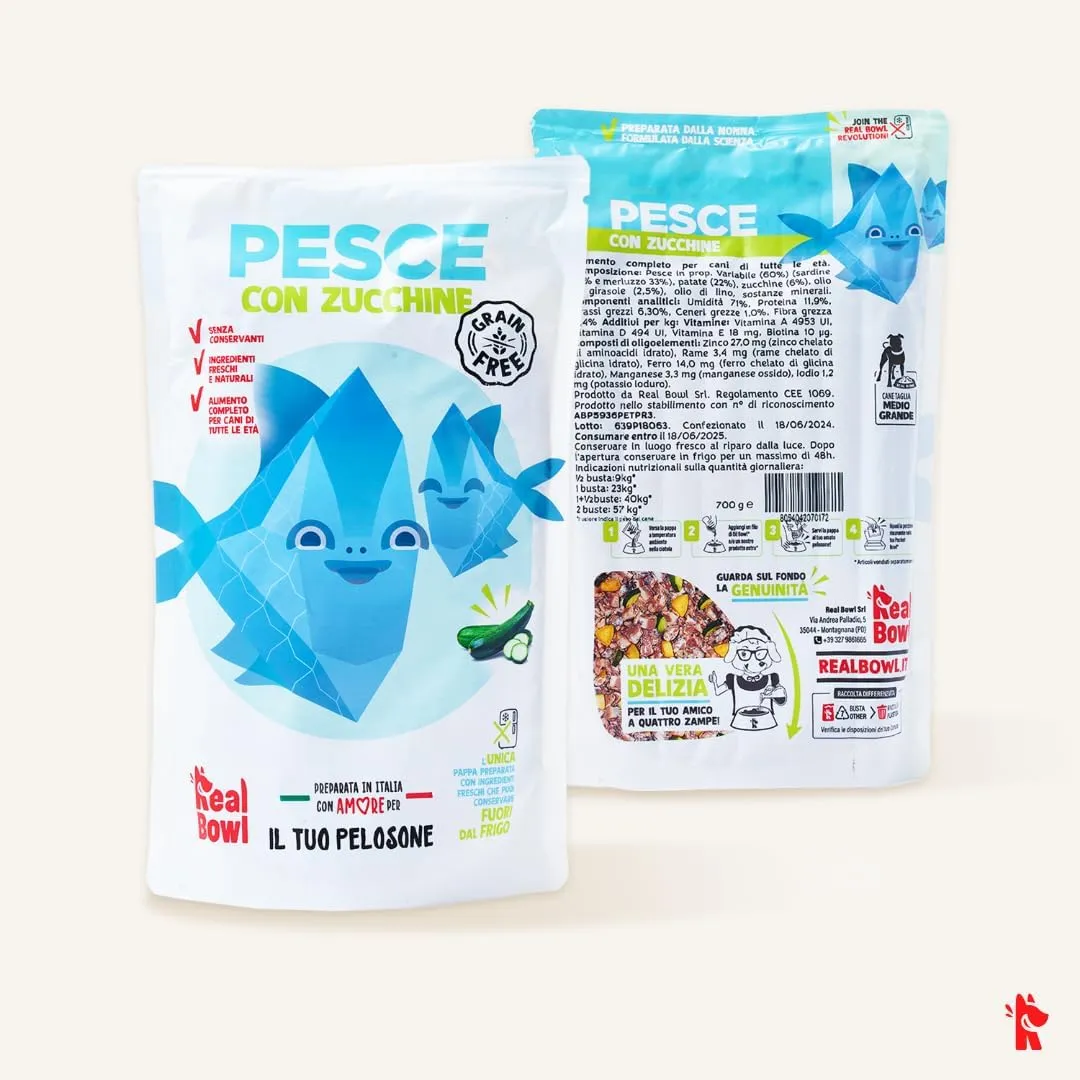 Cibo per cani al manzo, pollo e pesce naturale, 14 buste x 400g, monoproteico e senza cereali e conservanti, pappa fresca casalinga, Made in Italy, adatto a tutte le razze e taglie - immagine 8