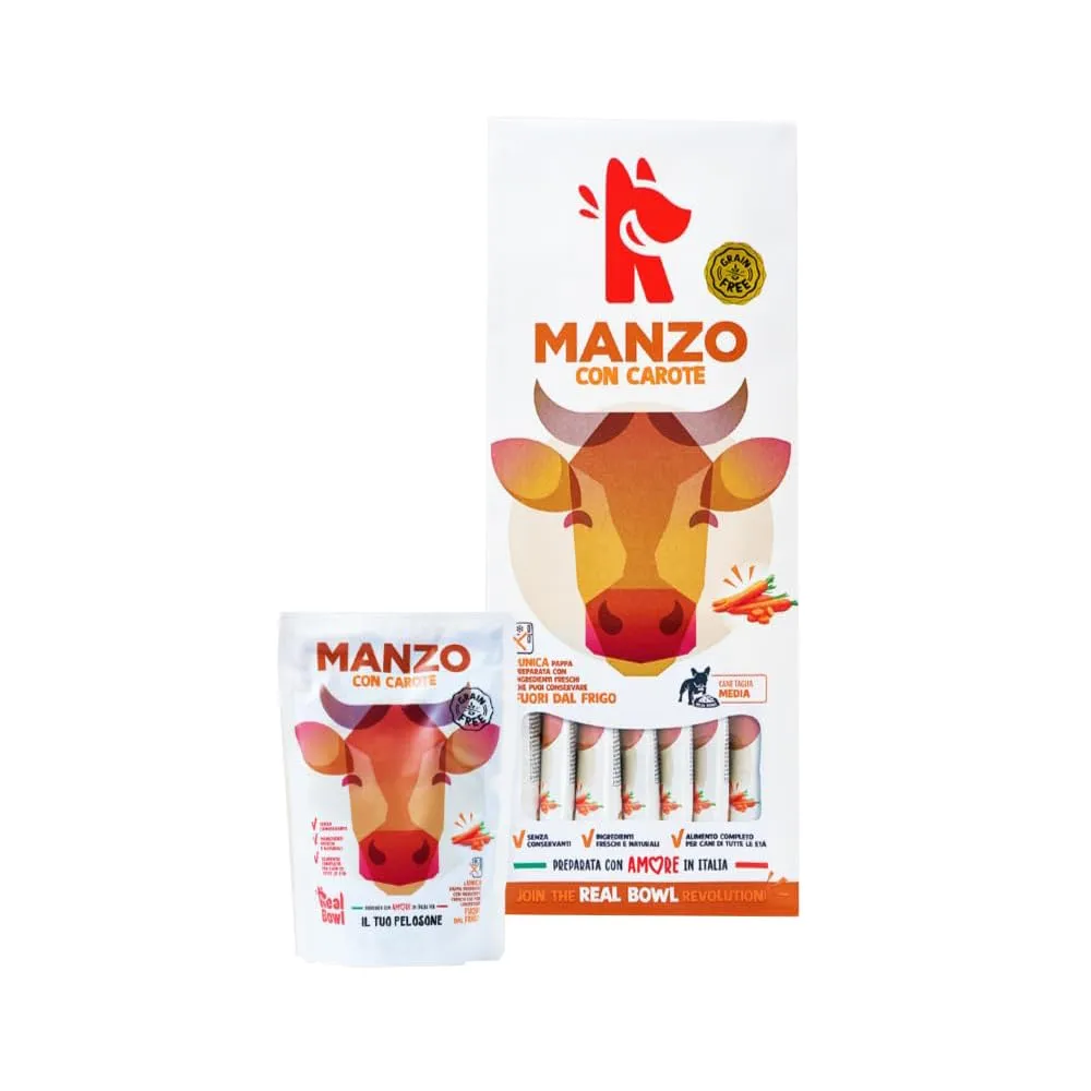 Cibo per cani al manzo naturale,7 buste x 700g, monoproteico e senza cereali e conservanti, pappa fresca casalinga, Made in Italy, adatto a tutte le razze e taglie - immagine 1