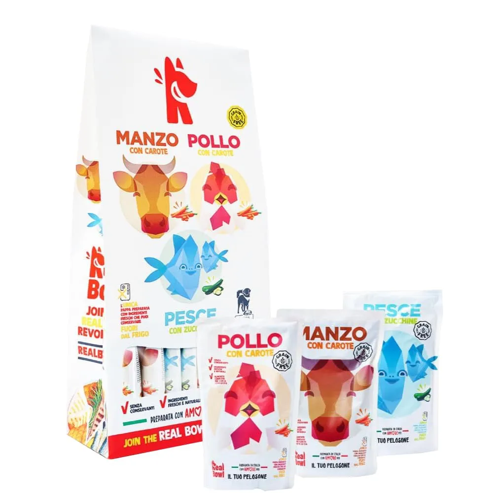 Cibo per cani al manzo, pollo e pesce naturale, 14 buste x 700g, monoproteico e senza cereali e conservanti, pappa fresca casalinga, Made in Italy, adatto a tutte le razze e taglie - immagine 1