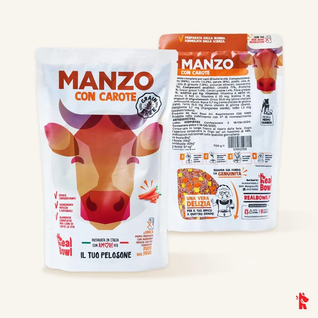 Cibo per cani al manzo, pollo e pesce naturale, 14 buste x 700g, monoproteico e senza cereali e conservanti, pappa fresca casalinga, Made in Italy, adatto a tutte le razze e taglie - immagine 4