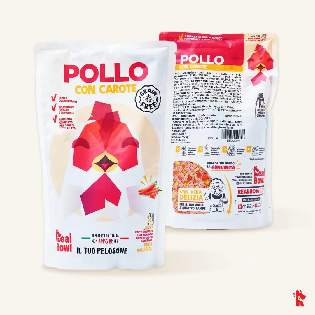 Cibo per cani al manzo, pollo e pesce naturale, 14 buste x 700g, monoproteico e senza cereali e conservanti, pappa fresca casalinga, Made in Italy, adatto a tutte le razze e taglie - immagine 5