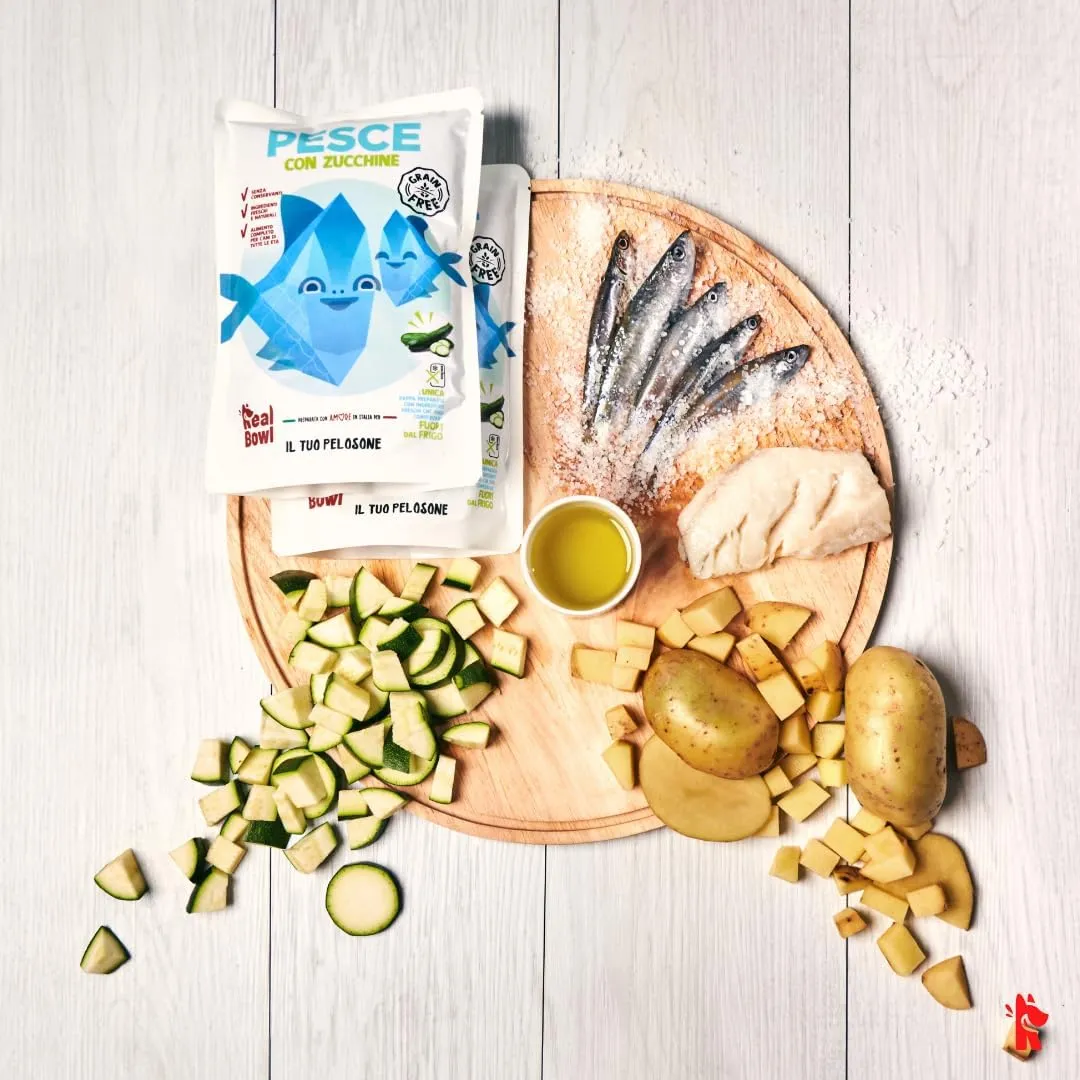 Cibo per cani al manzo, pollo e pesce naturale, 14 buste x 700g, monoproteico e senza cereali e conservanti, pappa fresca casalinga, Made in Italy, adatto a tutte le razze e taglie - immagine 8