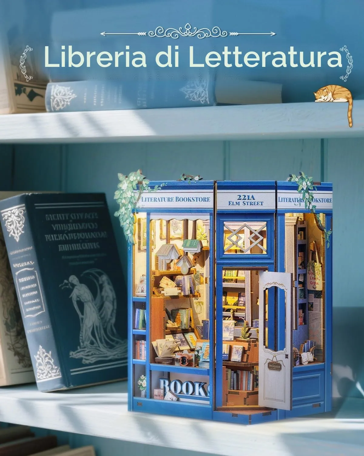 Cutefun Book Nook - kit fai da te per casetta in miniatura per adulti, scaffale per libri, puzzle 3D in legno, mini kit modello artigianale, regalo per donne amanti dei libri (Literature Bookstore) - immagine 3