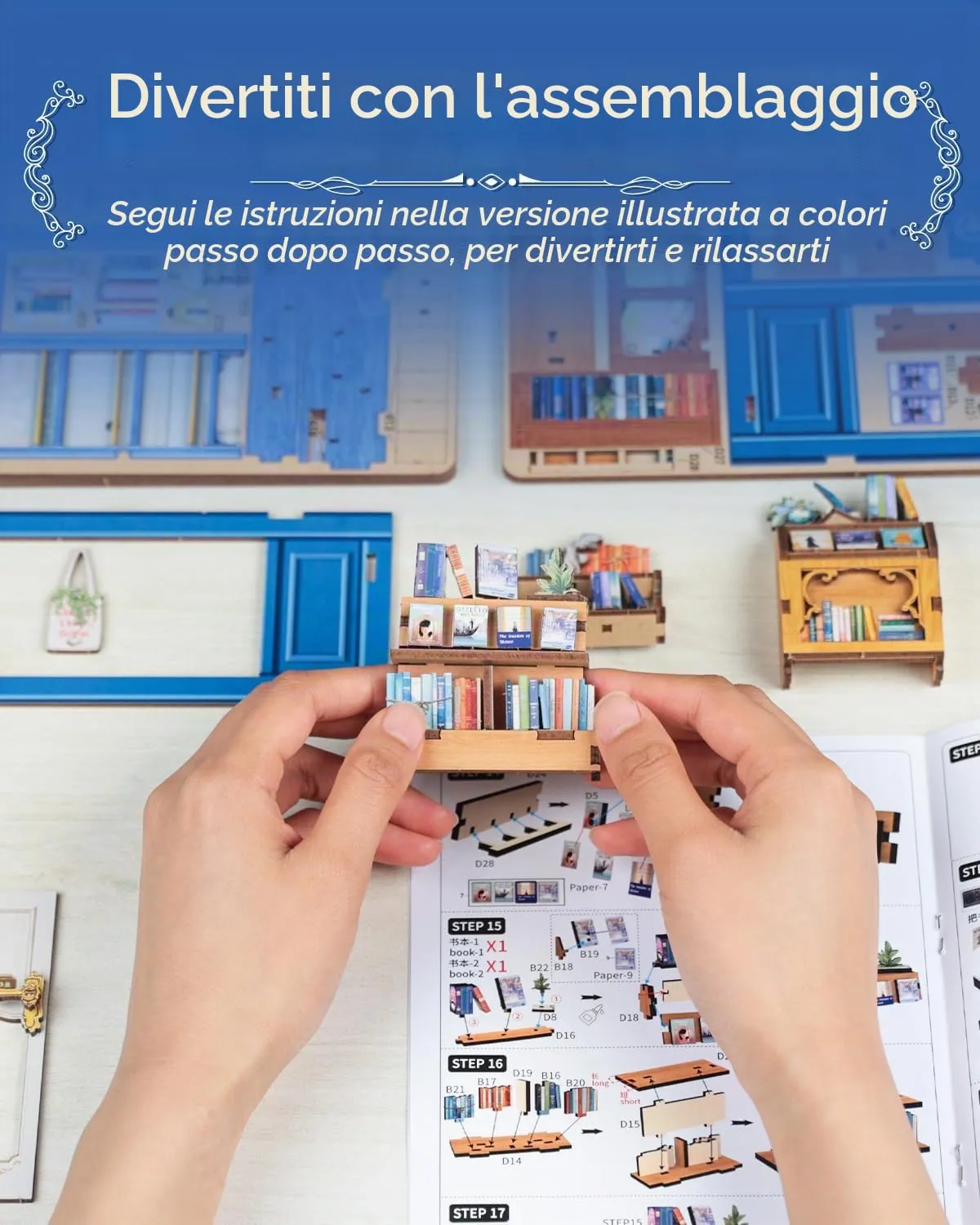 Cutefun Book Nook - kit fai da te per casetta in miniatura per adulti, scaffale per libri, puzzle 3D in legno, mini kit modello artigianale, regalo per donne amanti dei libri (Literature Bookstore) - immagine 7