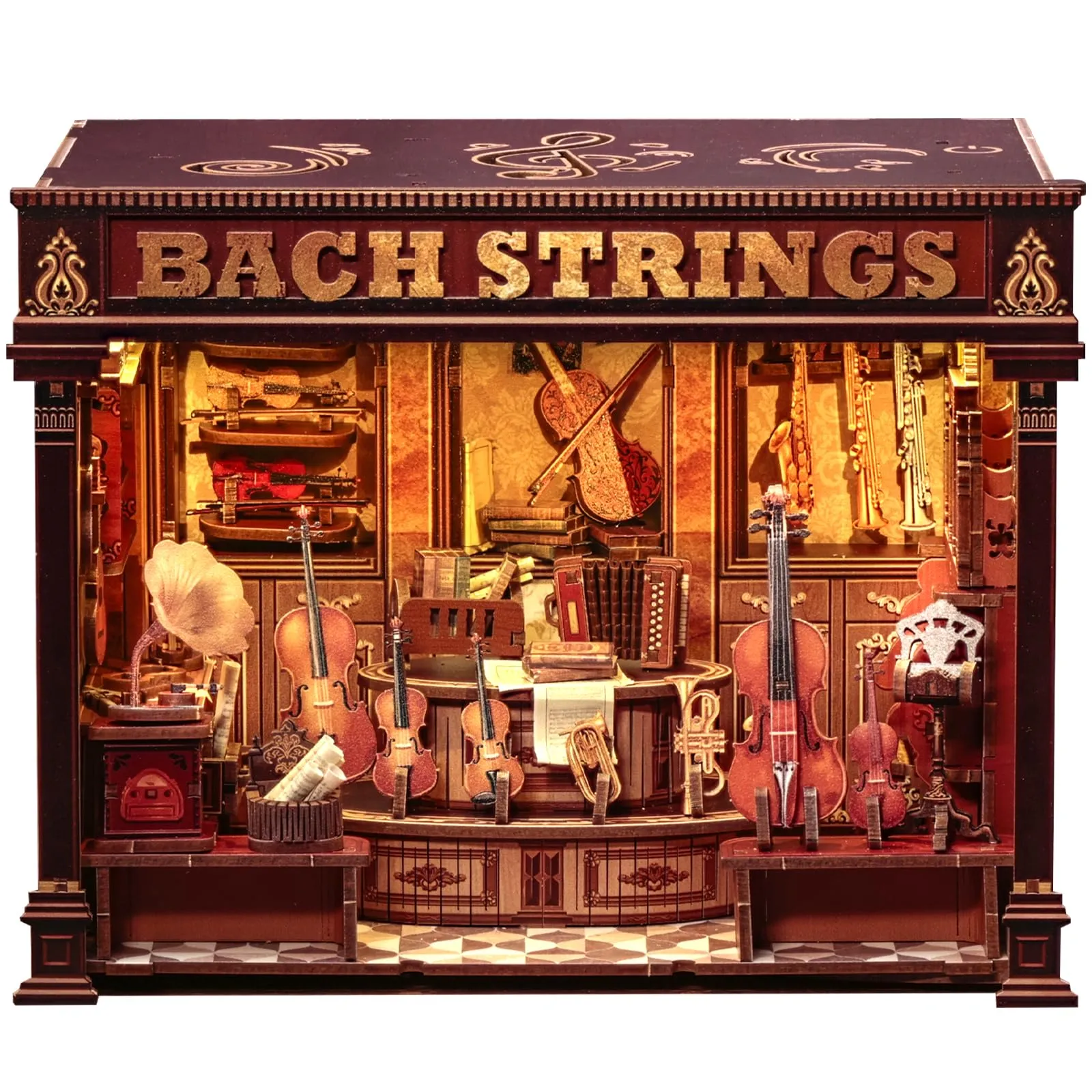 Cutefun Book Nook Model Kit - DIY Case delle bambole - Reggilibri Scaffale Inserto Decorazione con Luce LED,Kit di Costruzione di Modellini in Legno per (Bach String Workshop) - immagine 1