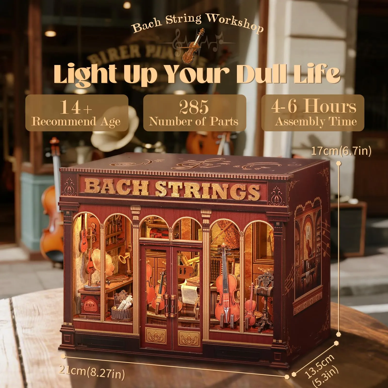 Cutefun Book Nook Model Kit - DIY Case delle bambole - Reggilibri Scaffale Inserto Decorazione con Luce LED,Kit di Costruzione di Modellini in Legno per (Bach String Workshop) - immagine 2