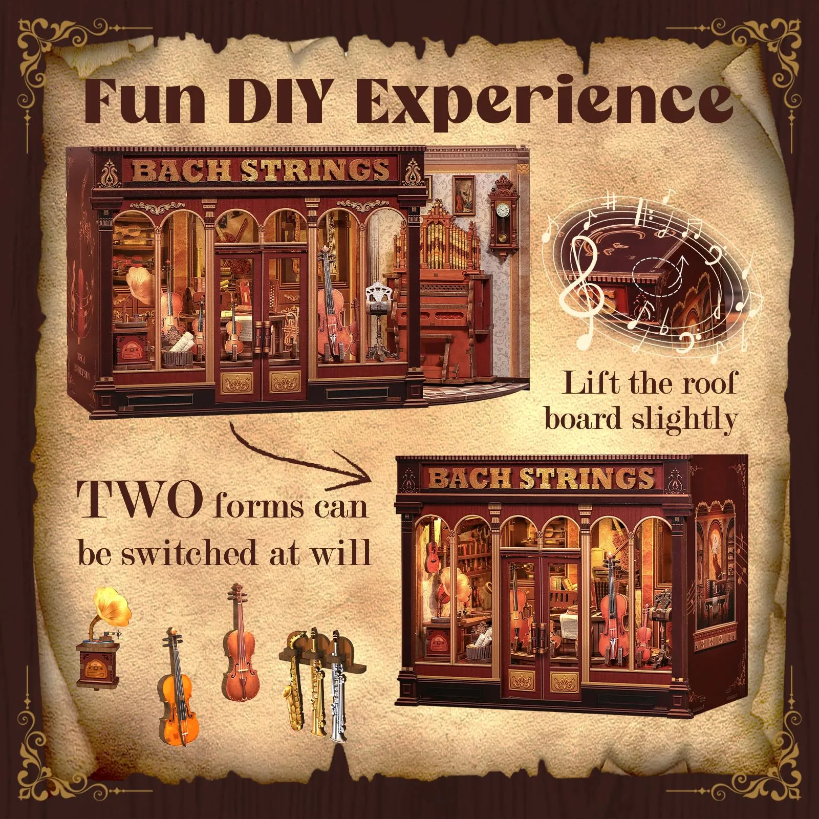 Cutefun Book Nook Model Kit - DIY Case delle bambole - Reggilibri Scaffale Inserto Decorazione con Luce LED,Kit di Costruzione di Modellini in Legno per (Bach String Workshop) - immagine 4