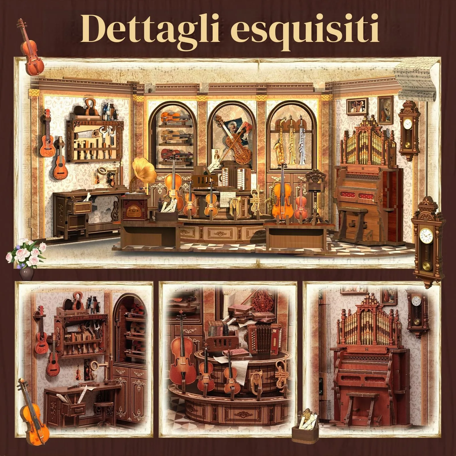 Cutefun Book Nook Model Kit - DIY Case delle bambole - Reggilibri Scaffale Inserto Decorazione con Luce LED,Kit di Costruzione di Modellini in Legno per (Bach String Workshop) - immagine 5