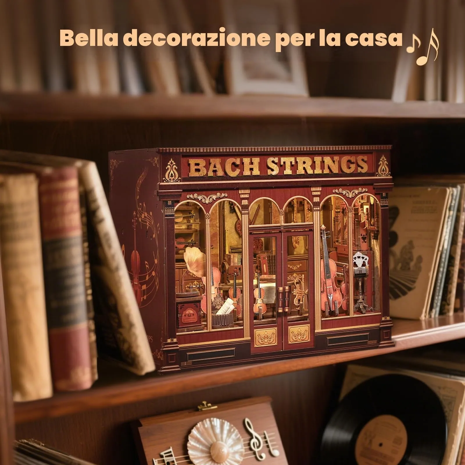 Cutefun Book Nook Model Kit - DIY Case delle bambole - Reggilibri Scaffale Inserto Decorazione con Luce LED,Kit di Costruzione di Modellini in Legno per (Bach String Workshop) - immagine 7