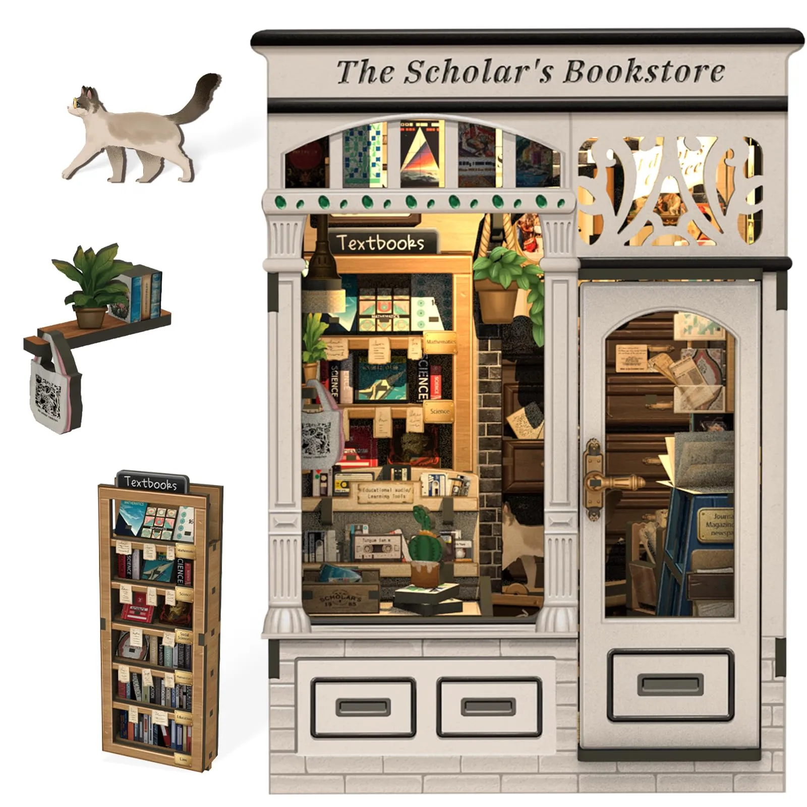 Cutefun Book Nook, kit fai da te per casetta in miniatura per adulti, scaffale per libri, puzzle 3D in legno, mini kit modello artigianale, regalo per donne amanti dei libri (The Scholar's Bookstore) - immagine 1