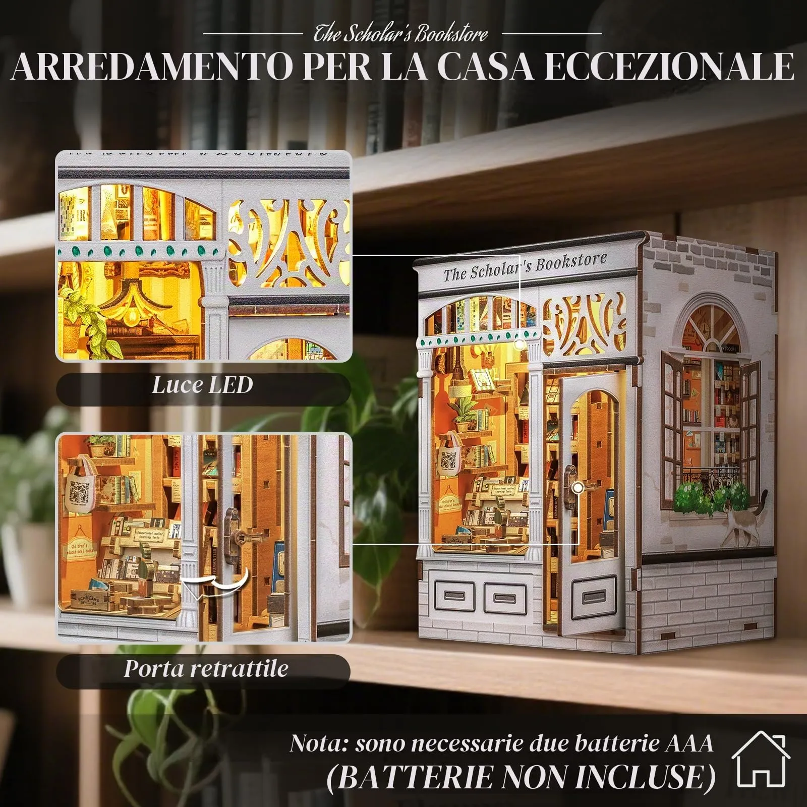 Cutefun Book Nook, kit fai da te per casetta in miniatura per adulti, scaffale per libri, puzzle 3D in legno, mini kit modello artigianale, regalo per donne amanti dei libri (The Scholar's Bookstore) - immagine 2