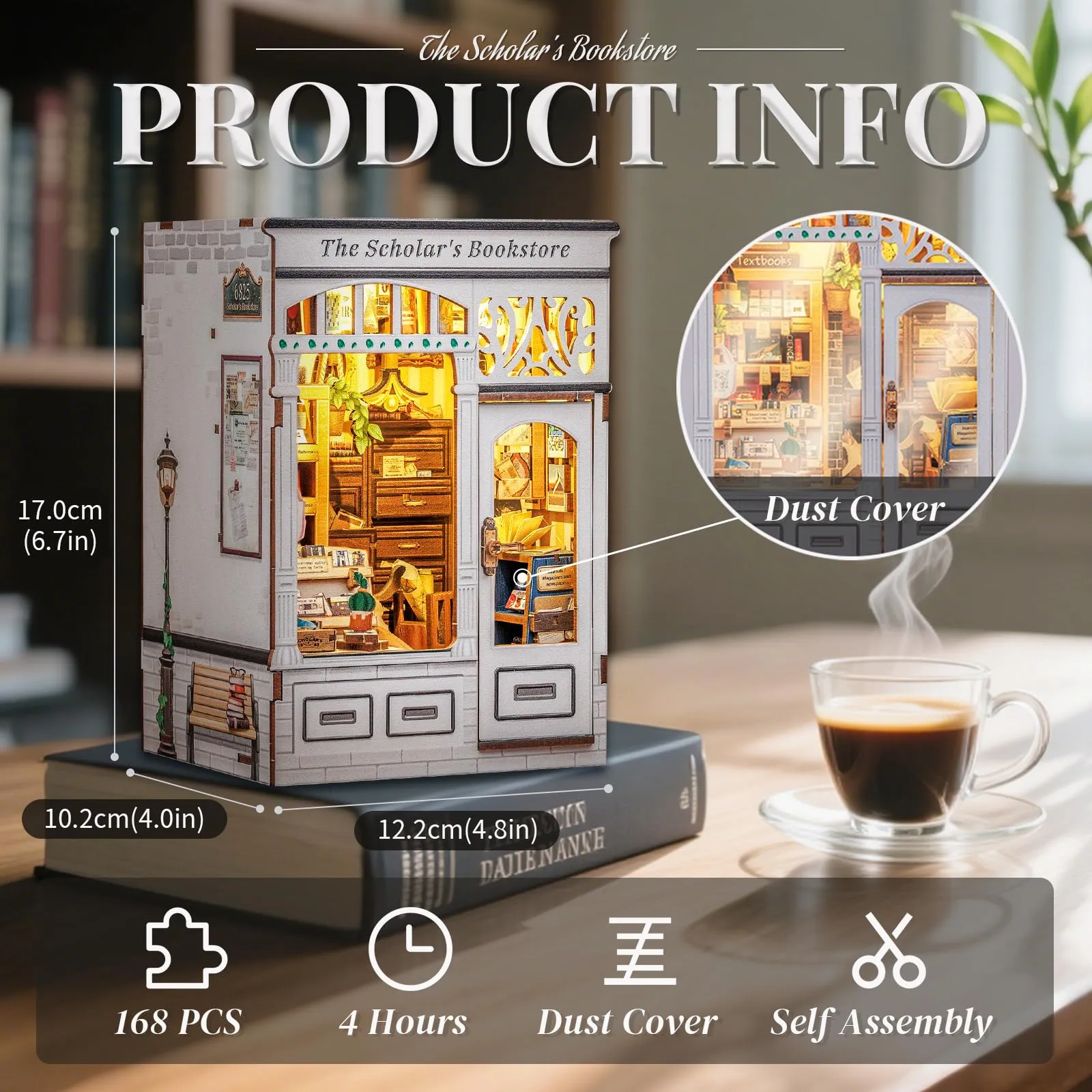 Cutefun Book Nook, kit fai da te per casetta in miniatura per adulti, scaffale per libri, puzzle 3D in legno, mini kit modello artigianale, regalo per donne amanti dei libri (The Scholar's Bookstore) - immagine 3
