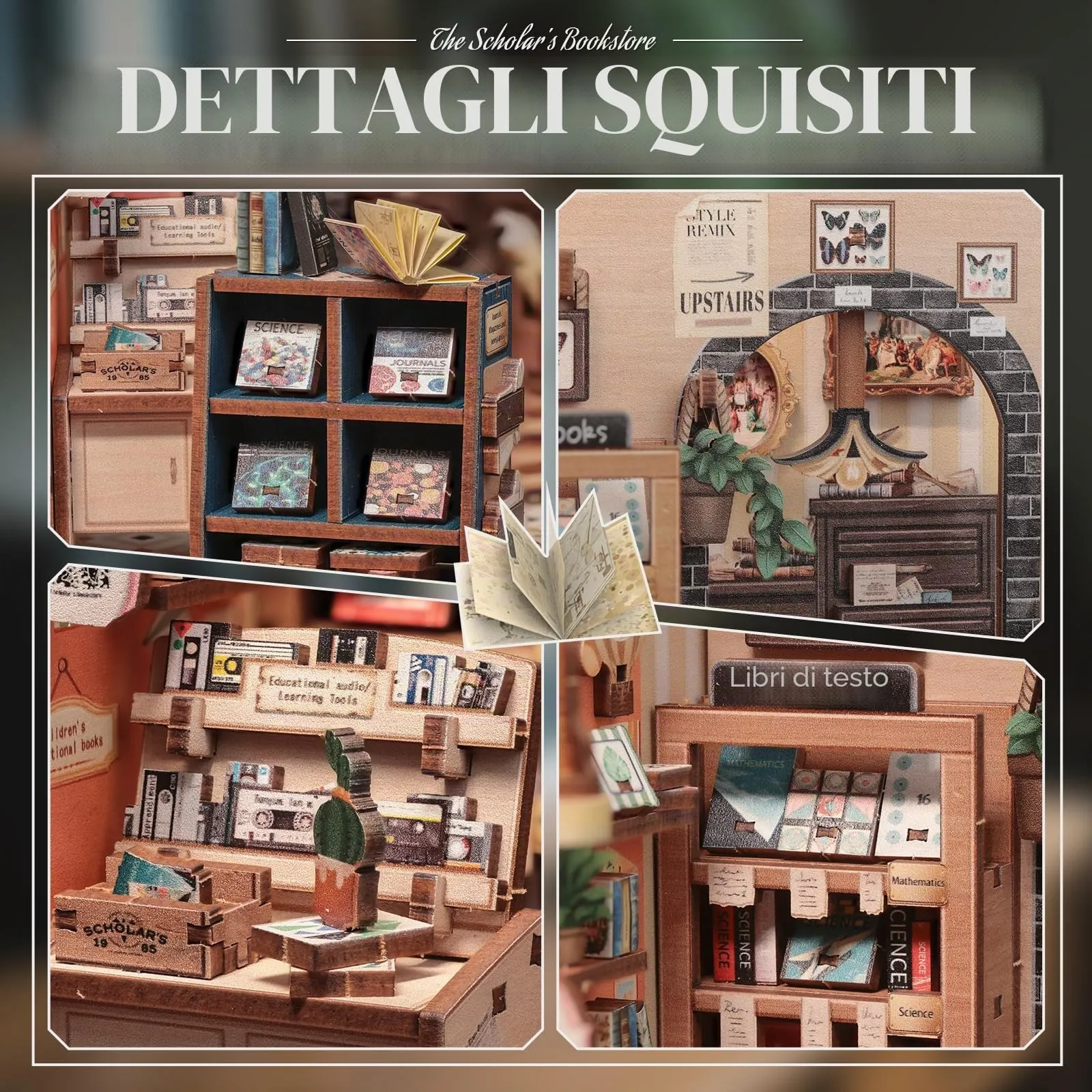 Cutefun Book Nook, kit fai da te per casetta in miniatura per adulti, scaffale per libri, puzzle 3D in legno, mini kit modello artigianale, regalo per donne amanti dei libri (The Scholar's Bookstore) - immagine 5