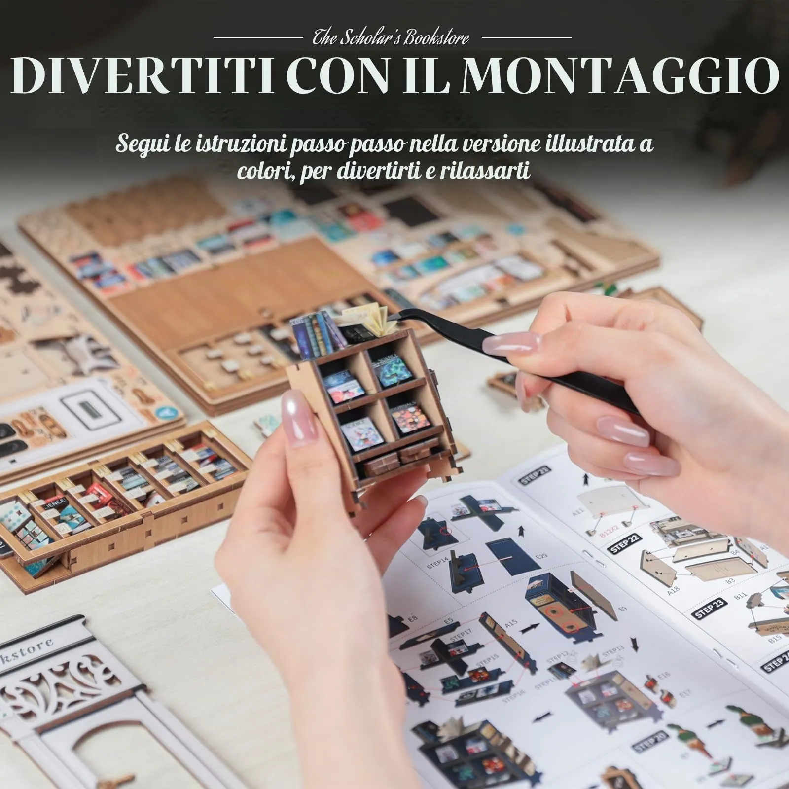 Cutefun Book Nook, kit fai da te per casetta in miniatura per adulti, scaffale per libri, puzzle 3D in legno, mini kit modello artigianale, regalo per donne amanti dei libri (The Scholar's Bookstore) - immagine 6