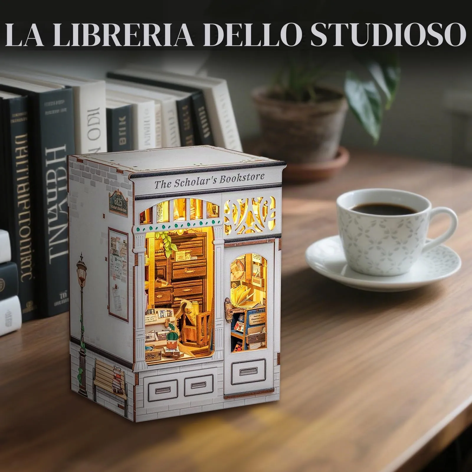 Cutefun Book Nook, kit fai da te per casetta in miniatura per adulti, scaffale per libri, puzzle 3D in legno, mini kit modello artigianale, regalo per donne amanti dei libri (The Scholar's Bookstore) - immagine 7