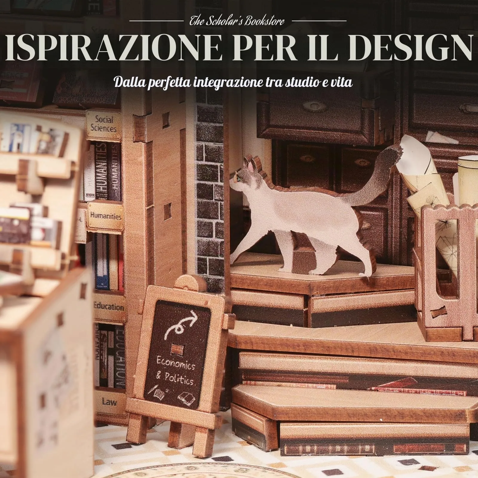 Cutefun Book Nook, kit fai da te per casetta in miniatura per adulti, scaffale per libri, puzzle 3D in legno, mini kit modello artigianale, regalo per donne amanti dei libri (The Scholar's Bookstore) - immagine 8