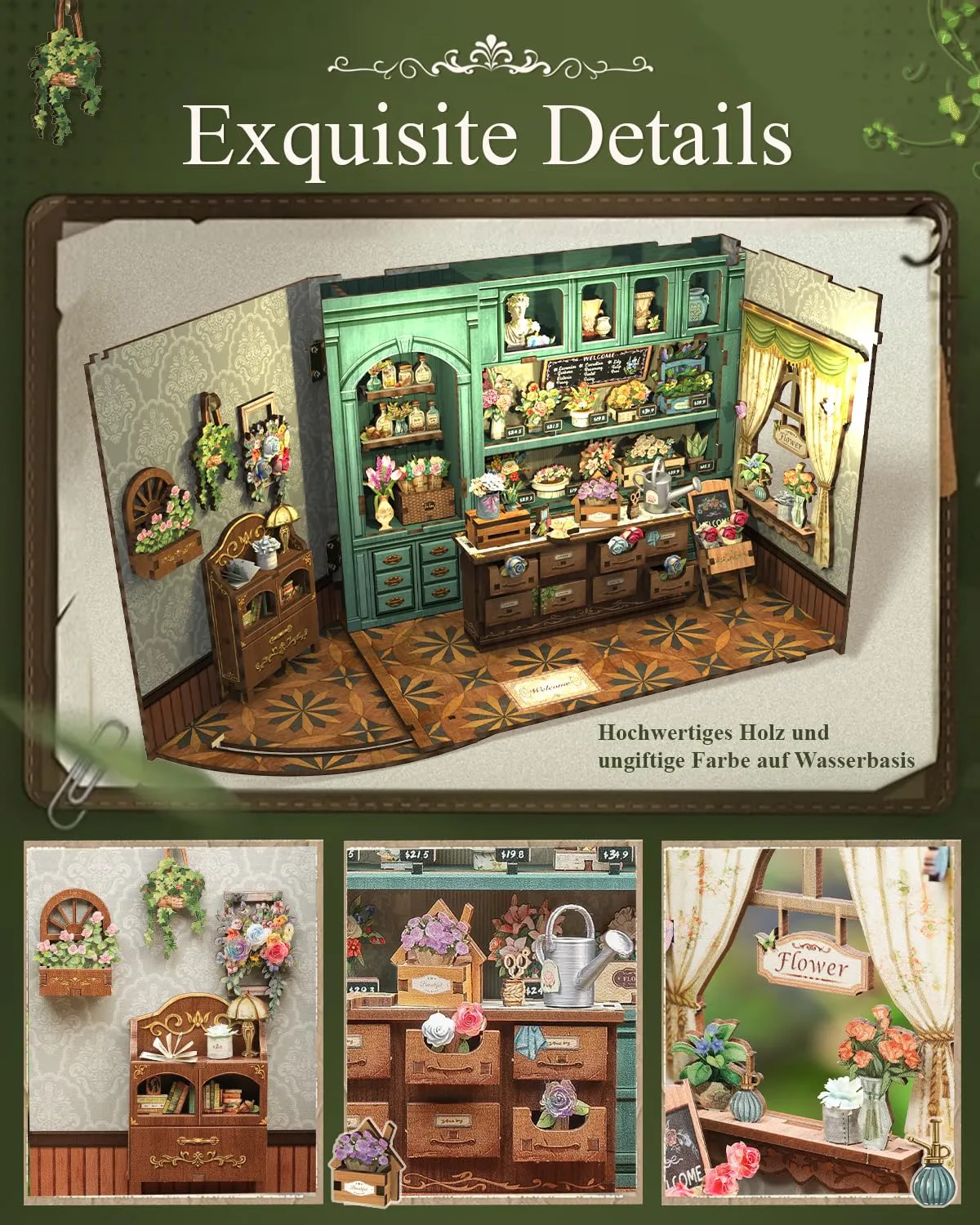 Cutefun Book Nook Kit - kit fai da te in miniatura per adulti, Modello Case delle bambole puzzle 3D in legno con LED, Regalo Creativo per Adulti e Adolescenti (Blossom Florists) - immagine 2