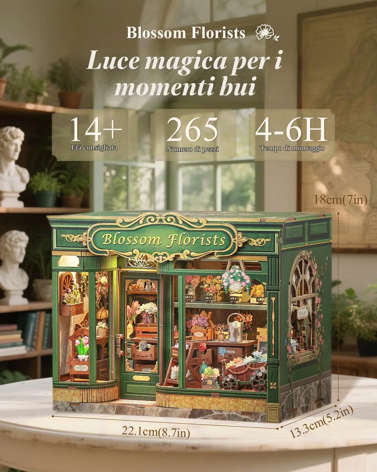 Cutefun Book Nook Kit - kit fai da te in miniatura per adulti, Modello Case delle bambole puzzle 3D in legno con LED, Regalo Creativo per Adulti e Adolescenti (Blossom Florists) - immagine 3
