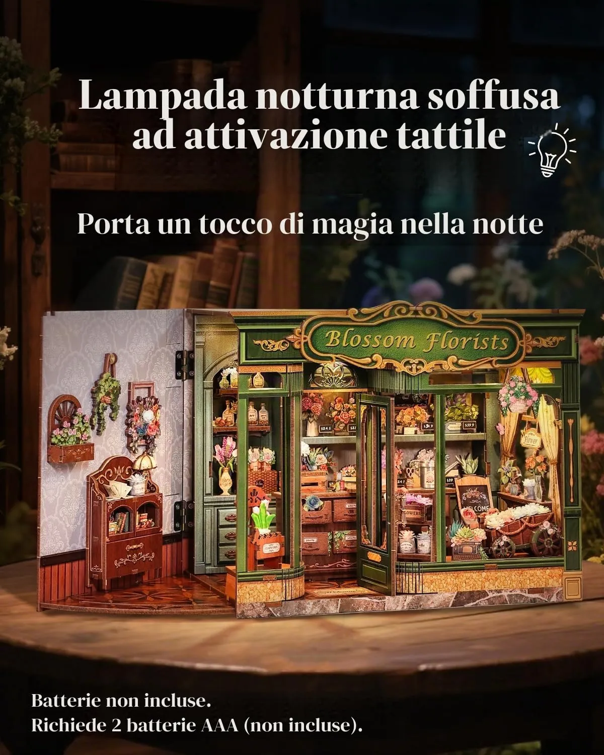 Cutefun Book Nook Kit - kit fai da te in miniatura per adulti, Modello Case delle bambole puzzle 3D in legno con LED, Regalo Creativo per Adulti e Adolescenti (Blossom Florists) - immagine 4