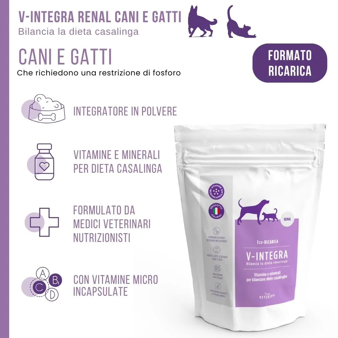 V-INTEGRA Renal 1kg ECO RICARICA, Integratore Vitamine e Minerali per Bilanciare Diete Casalinghe di Cani e Gatti che Richiedono una Restrizione di Fosforo, Multivitaminico Cane e Gatto Made in Italy - immagine 2