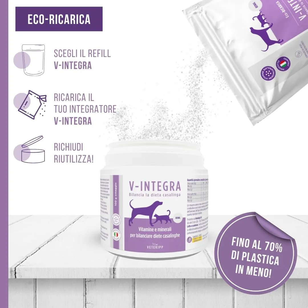 V-INTEGRA Renal 1kg ECO RICARICA, Integratore Vitamine e Minerali per Bilanciare Diete Casalinghe di Cani e Gatti che Richiedono una Restrizione di Fosforo, Multivitaminico Cane e Gatto Made in Italy - immagine 4
