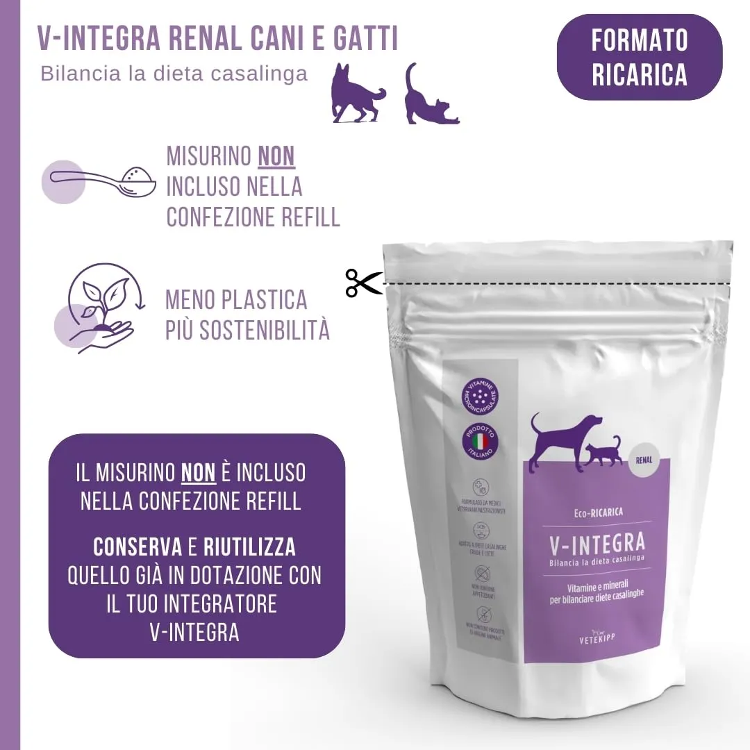 V-INTEGRA Renal 1kg ECO RICARICA, Integratore Vitamine e Minerali per Bilanciare Diete Casalinghe di Cani e Gatti che Richiedono una Restrizione di Fosforo, Multivitaminico Cane e Gatto Made in Italy - immagine 5