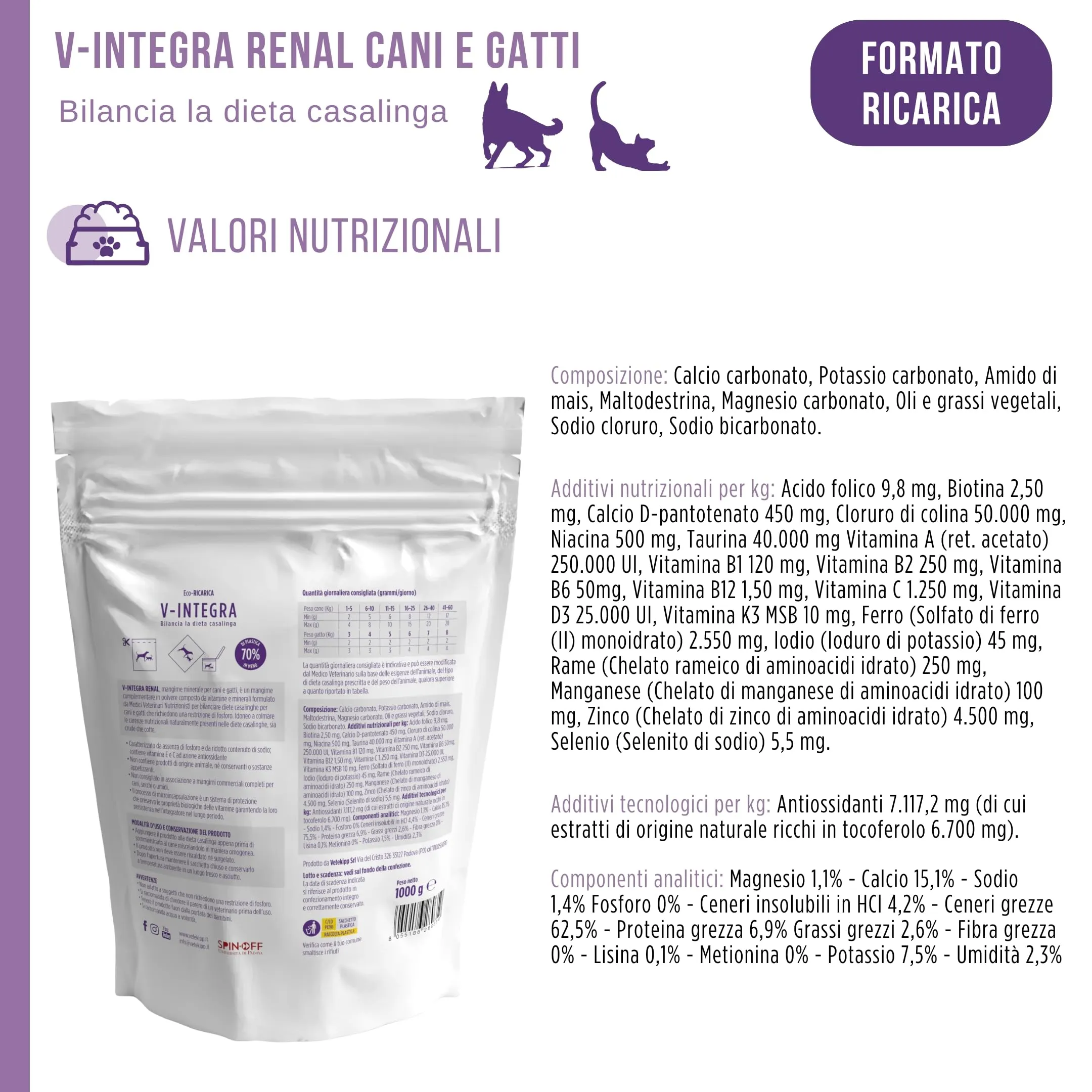 V-INTEGRA Renal 1kg ECO RICARICA, Integratore Vitamine e Minerali per Bilanciare Diete Casalinghe di Cani e Gatti che Richiedono una Restrizione di Fosforo, Multivitaminico Cane e Gatto Made in Italy - immagine 8