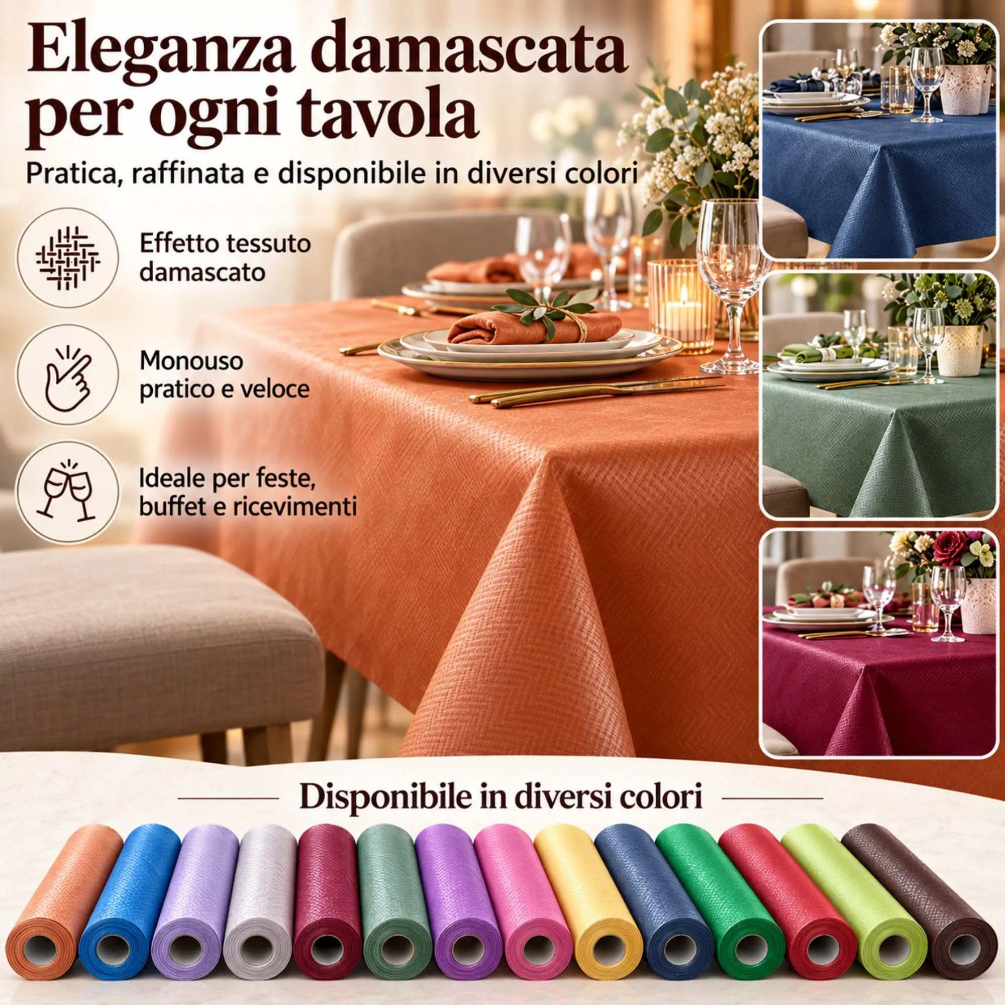 Generico Rotolo Tovaglia Impermeabile in carta Damascata largo 1,18 metri x 7 metri (1 rotolo) o 21 metri (3 rotoli) VARI COLORI efficace contro macchie e liquidi (Avorio, 21 metri (3 rotoli)) - immagine 2