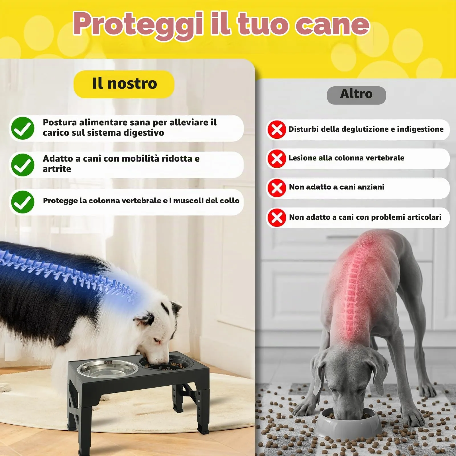 Ciotole per cani Rialzate Regolabili - 2 Ciotole in Acciaio Inox (1200ml) + 1 Ciotola anti-ingozzo (800ml) - Base antiscivolo per cani di taglia media/grande - immagine 5