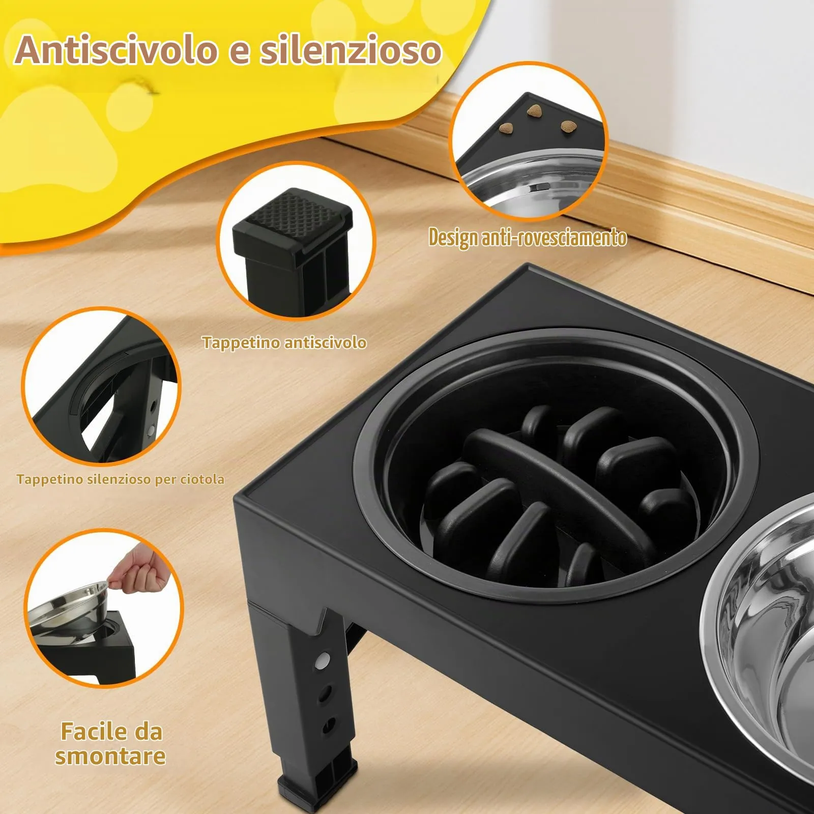 Ciotole per cani Rialzate Regolabili - 2 Ciotole in Acciaio Inox (1200ml) + 1 Ciotola anti-ingozzo (800ml) - Base antiscivolo per cani di taglia media/grande - immagine 6