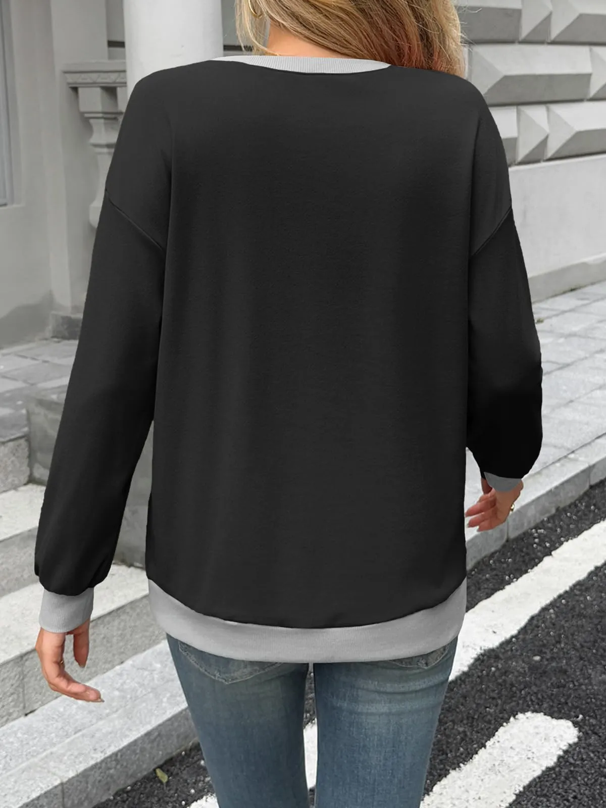 Fisoew Maglione da donna, a maniche lunghe, girocollo, colori a blocchi, casual, con fondo a costine, Nero , XXL - immagine 4