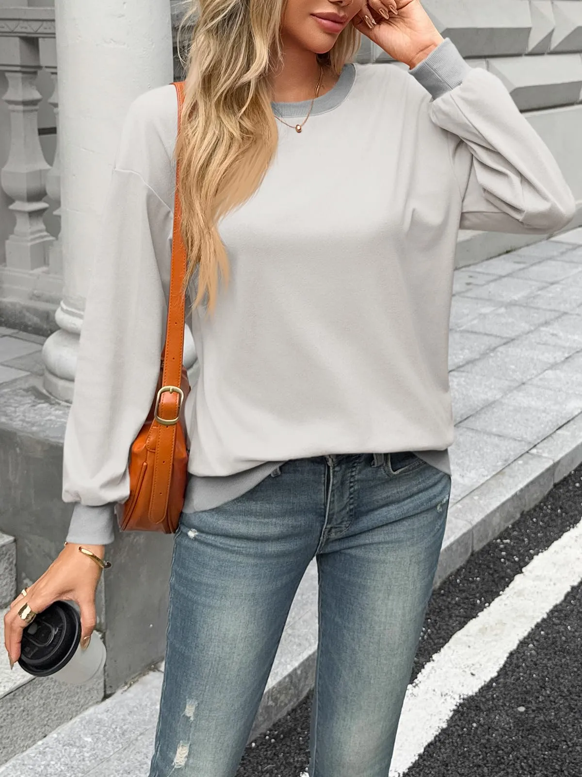 Fisoew Maglia da donna a maniche lunghe, con scollo rotondo, casual, a maniche lunghe, con orlo a costine, grigio., M - immagine 5