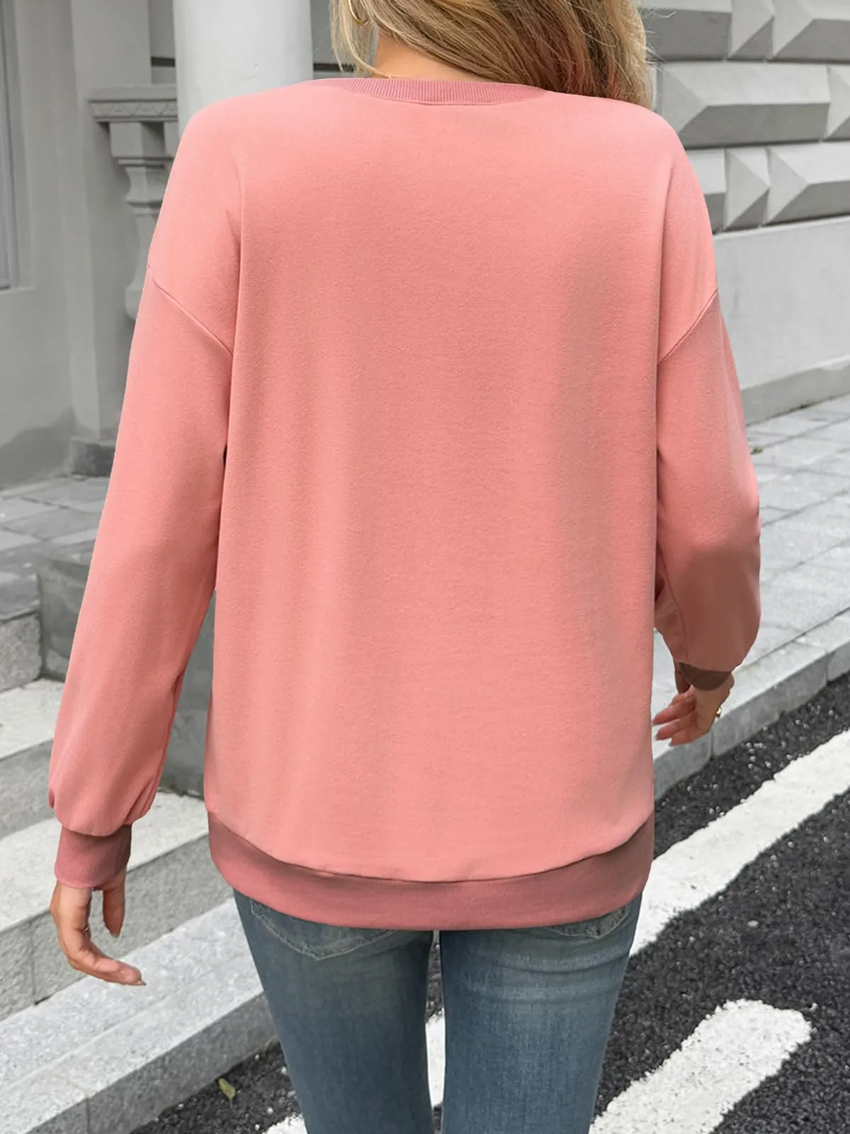 Fisoew Maglia da donna a maniche lunghe, con scollo rotondo, casual, a maniche lunghe, con orlo a costine, Colore: rosa., XXL - immagine 4