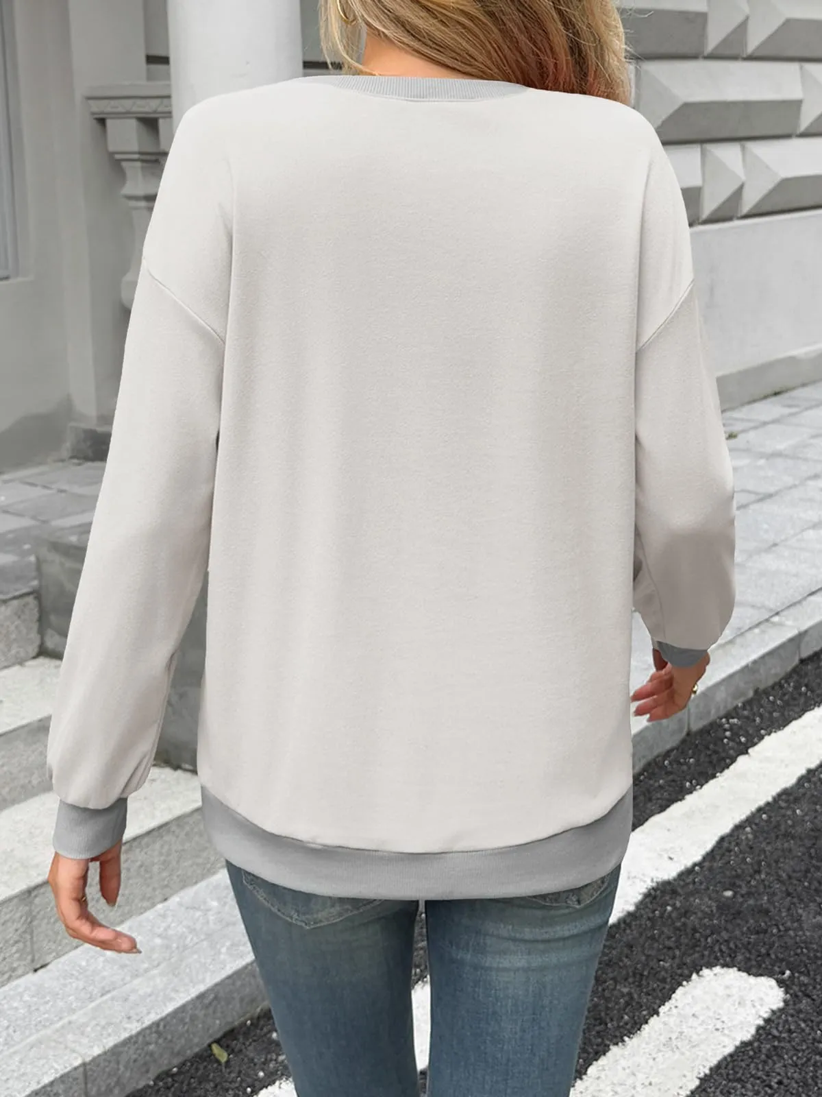 Fisoew Maglia da donna a maniche lunghe, con scollo rotondo, casual, a maniche lunghe, con orlo a costine, grigio., S - immagine 4