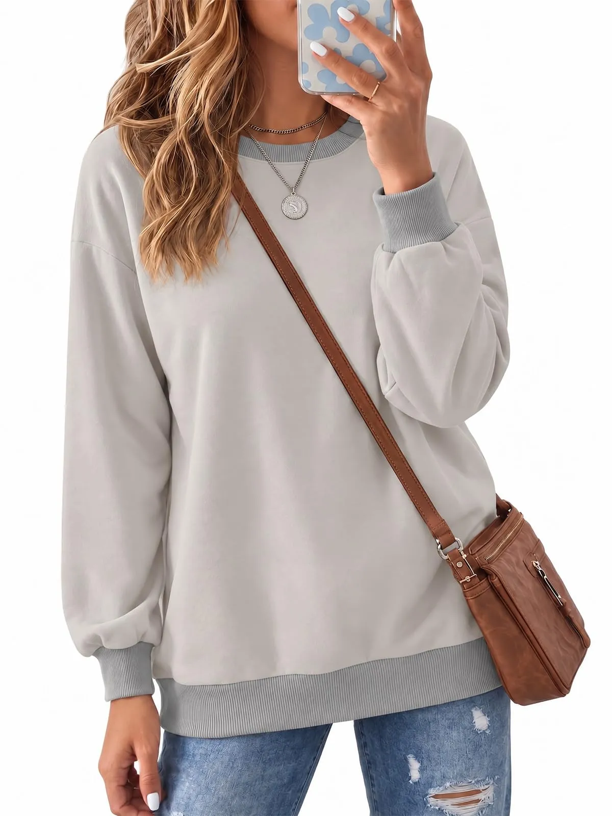 Fisoew Maglia da donna a maniche lunghe, con scollo rotondo, casual, a maniche lunghe, con orlo a costine, grigio., L - immagine 1