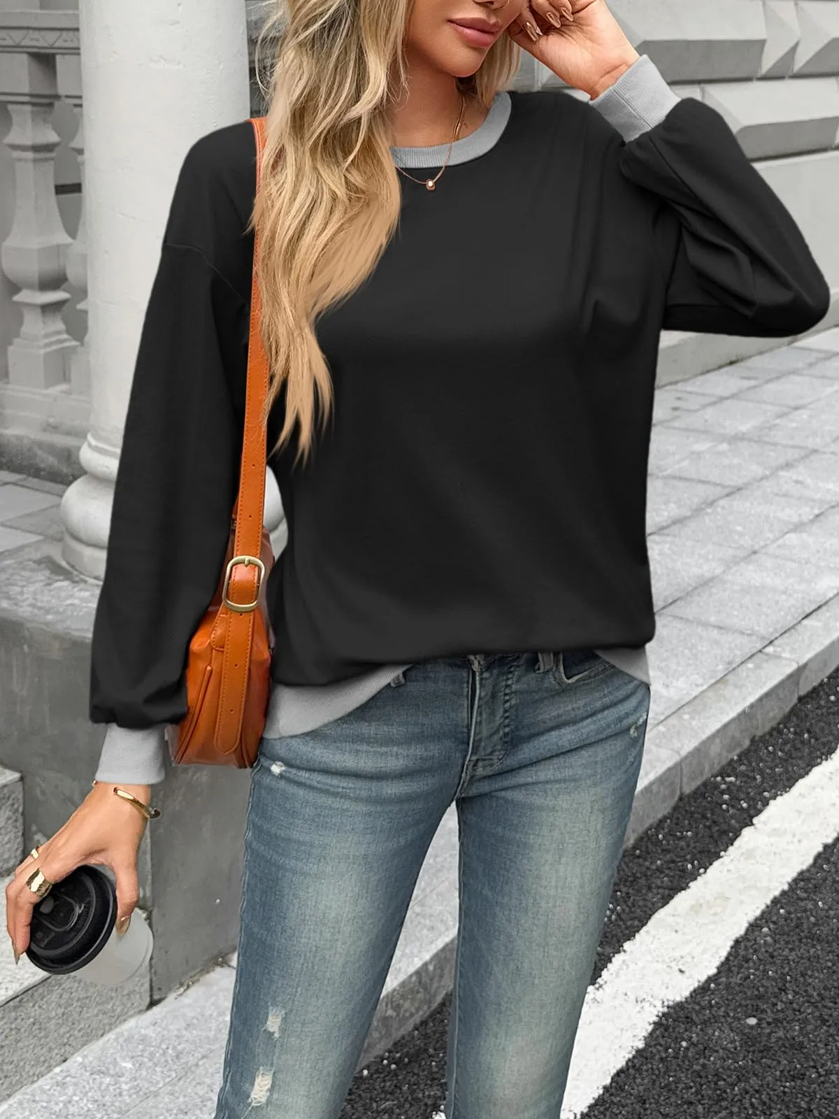 Fisoew Maglia da donna a maniche lunghe, con scollo rotondo, casual, a maniche lunghe, con orlo a costine, Nero , M - immagine 5