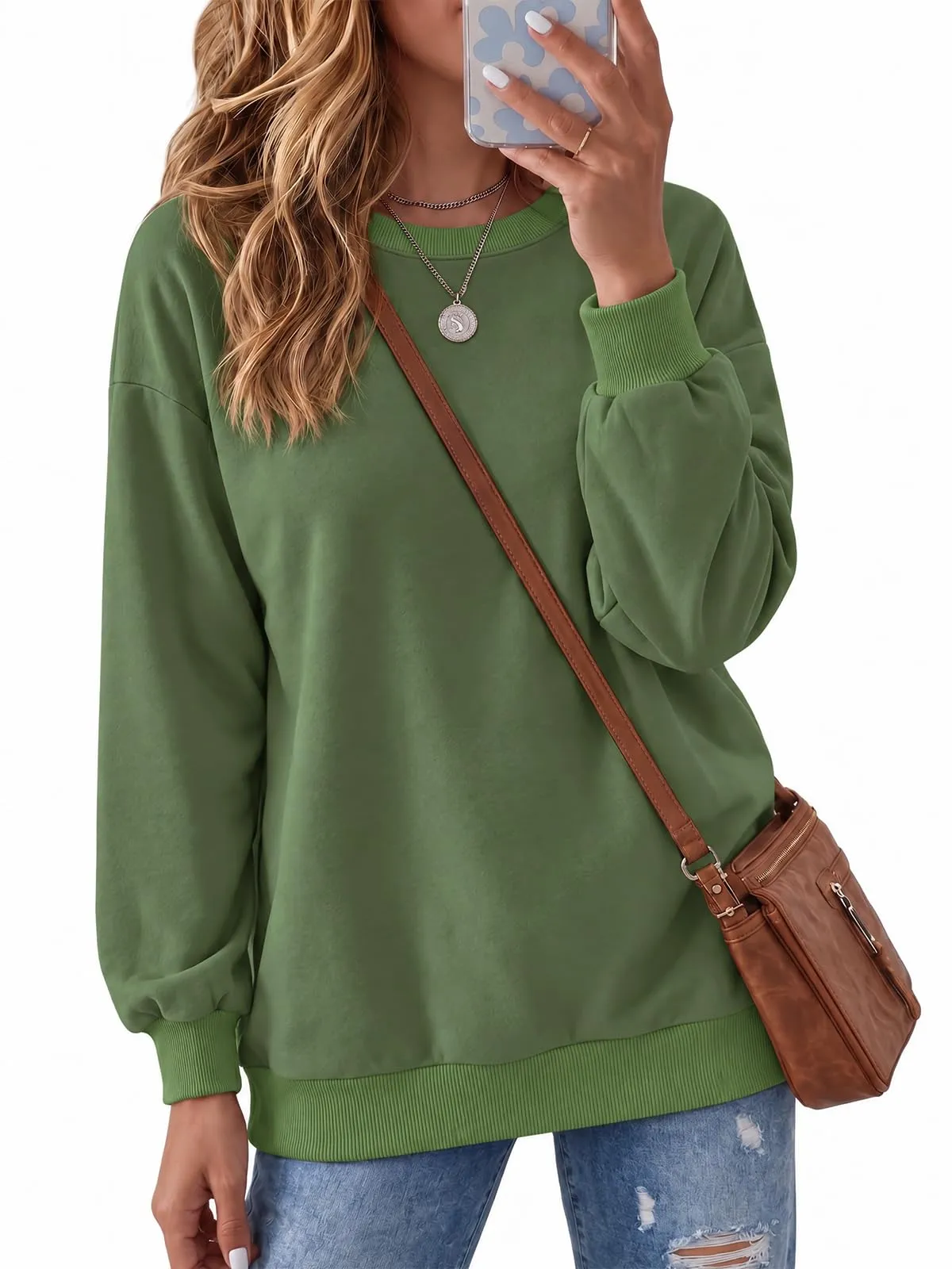 Fisoew Felpa da donna, girocollo, maniche lunghe, informale, manica lunga, parte superiore con orlo a costine, Verde militare, M - immagine 1