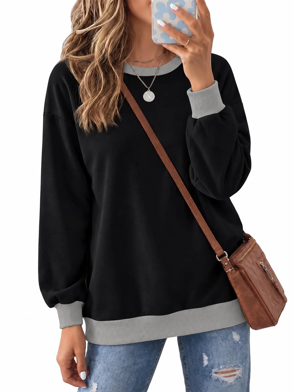 Fisoew Maglia da donna a maniche lunghe, con scollo rotondo, casual, a maniche lunghe, con orlo a costine, Nero , XL - immagine 1