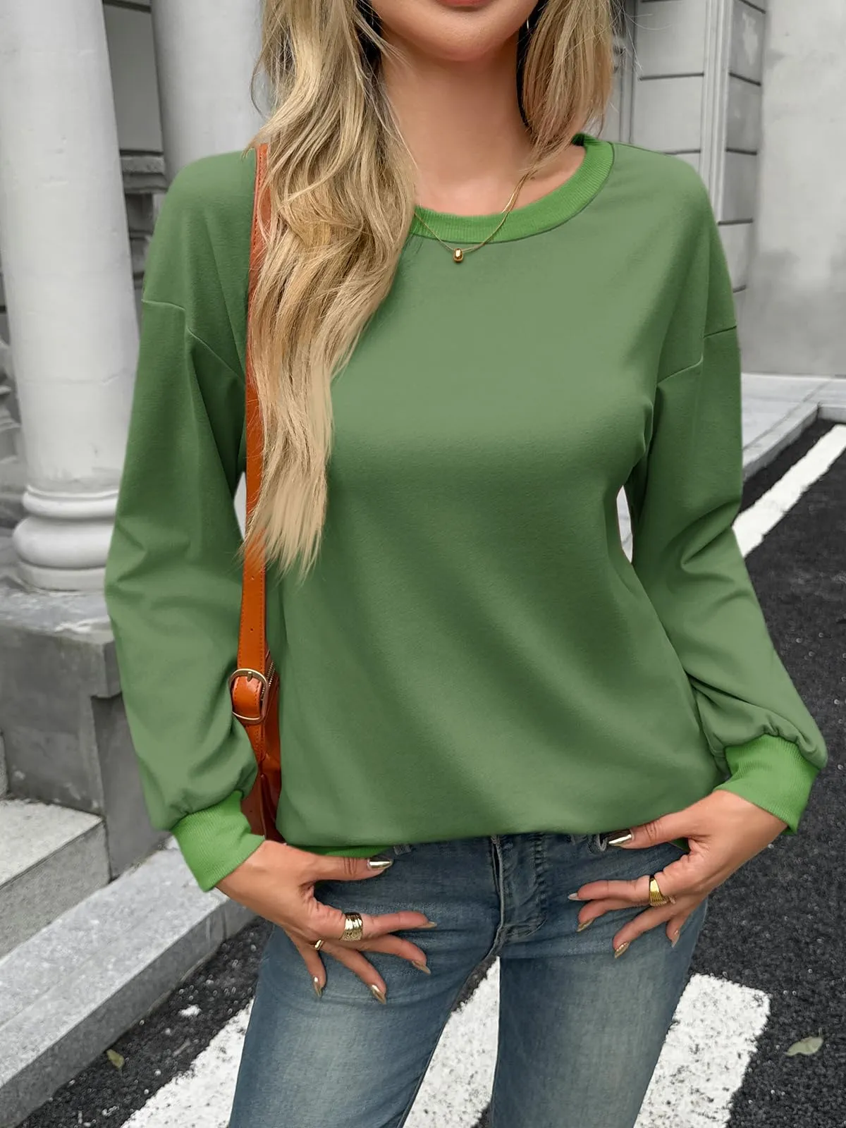 Fisoew Felpa da donna a blocchi di colore, girocollo, a maniche lunghe, basic, verde militare, XL - immagine 2