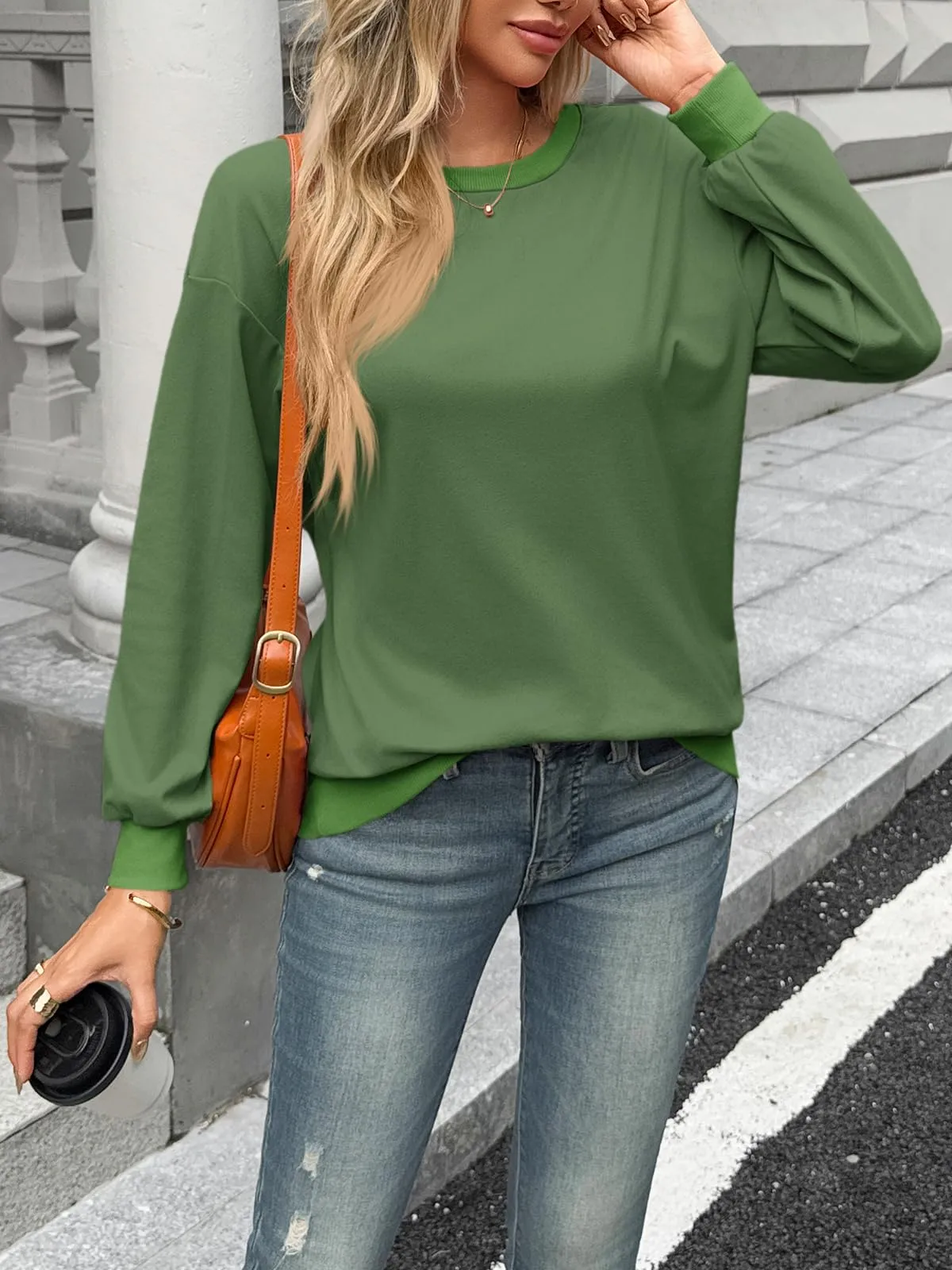 Fisoew Felpa da donna a blocchi di colore, girocollo, a maniche lunghe, basic, verde militare, XL - immagine 5