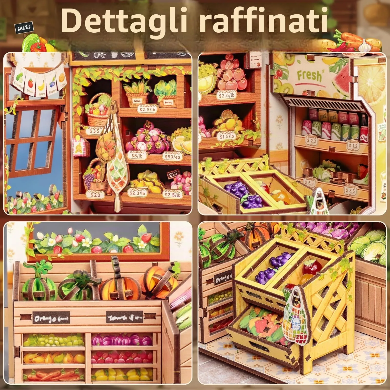 Cutefun Book Nook Kit - Case delle bambole DIY con Luci LED - Miniatura 3D Fai da Te per Decorazione e Collezione, Appassionati di Puzzle (The Greens' Grocery) - immagine 3