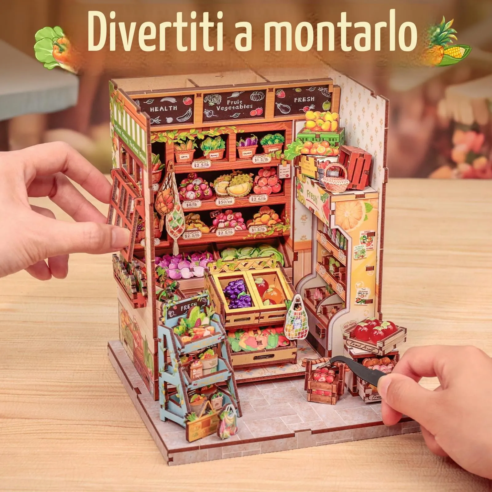 Cutefun Book Nook Kit - Case delle bambole DIY con Luci LED - Miniatura 3D Fai da Te per Decorazione e Collezione, Appassionati di Puzzle (The Greens' Grocery) - immagine 5