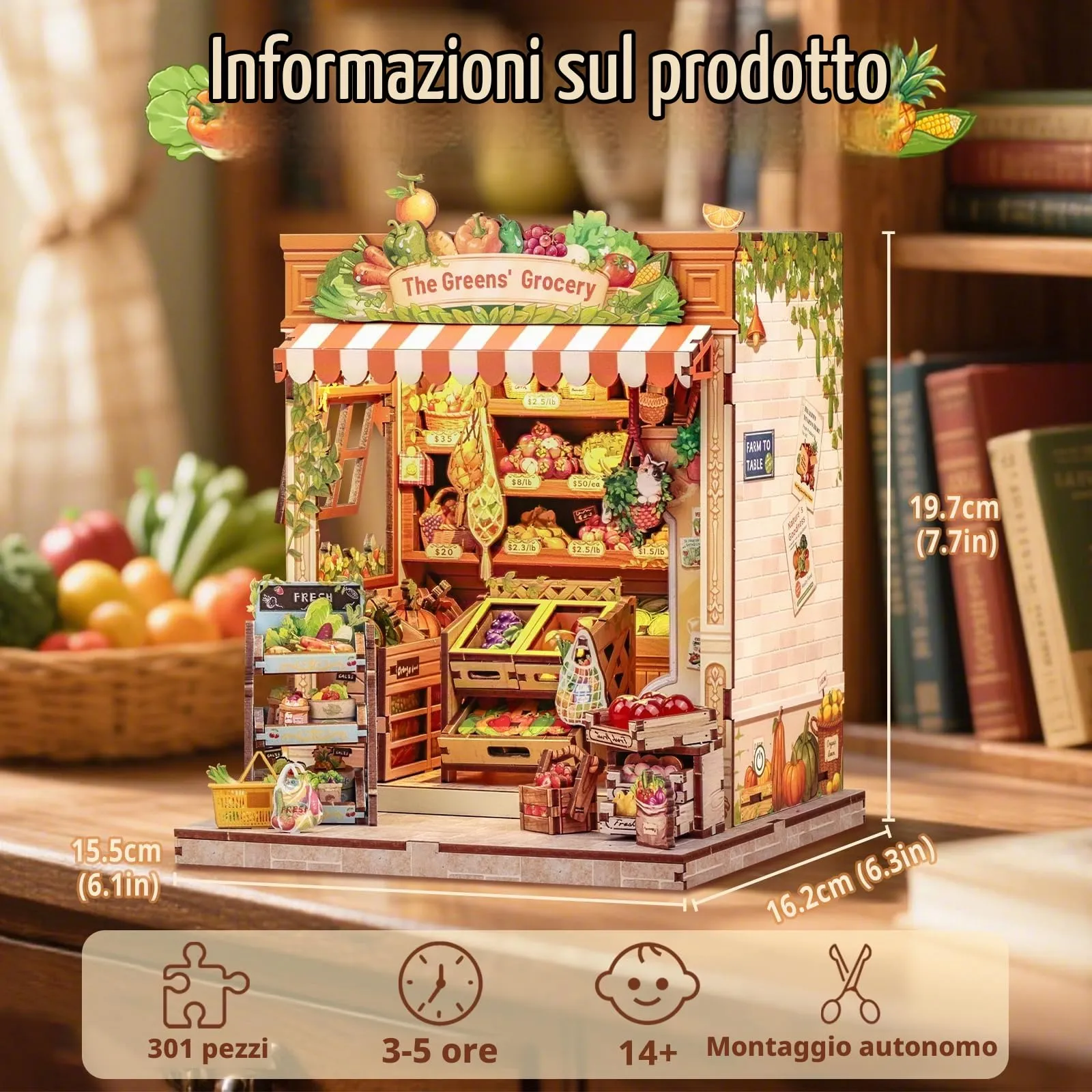 Cutefun Book Nook Kit - Case delle bambole DIY con Luci LED - Miniatura 3D Fai da Te per Decorazione e Collezione, Appassionati di Puzzle (The Greens' Grocery) - immagine 7