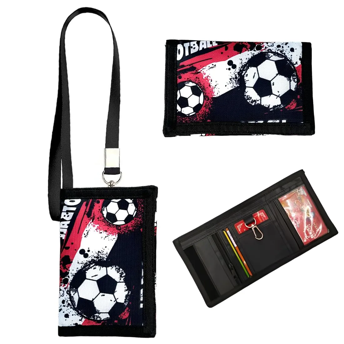SIRLOMU 1 pezzo rosso Portafoglio triplo pieghevole per bambini e ragazzi, ideale come, con design di calcio, materiale robusto, facile da trasportare, con portachiavi, da appendere al collo, - immagine 1