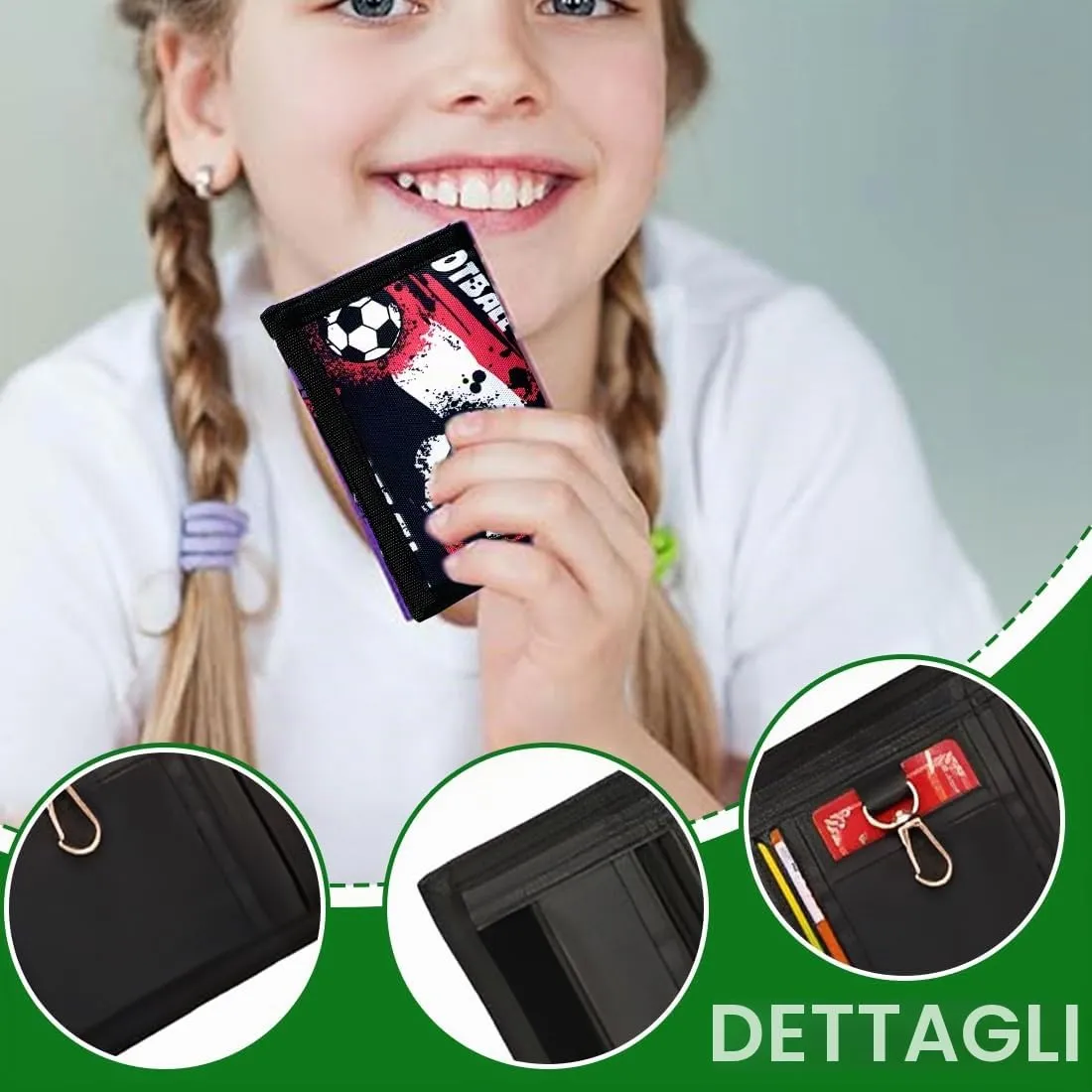 SIRLOMU 1 pezzo rosso Portafoglio triplo pieghevole per bambini e ragazzi, ideale come, con design di calcio, materiale robusto, facile da trasportare, con portachiavi, da appendere al collo, - immagine 3