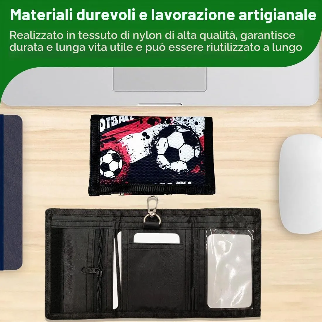 SIRLOMU 1 pezzo rosso Portafoglio triplo pieghevole per bambini e ragazzi, ideale come, con design di calcio, materiale robusto, facile da trasportare, con portachiavi, da appendere al collo, - immagine 4